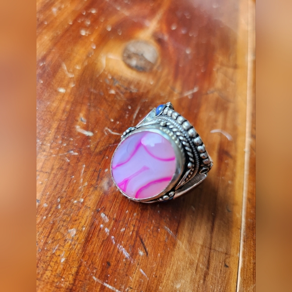 Agate, Lapis, Turquoise & Coral Gemstone Adjustable Statement Ring - Picture 9 of 16